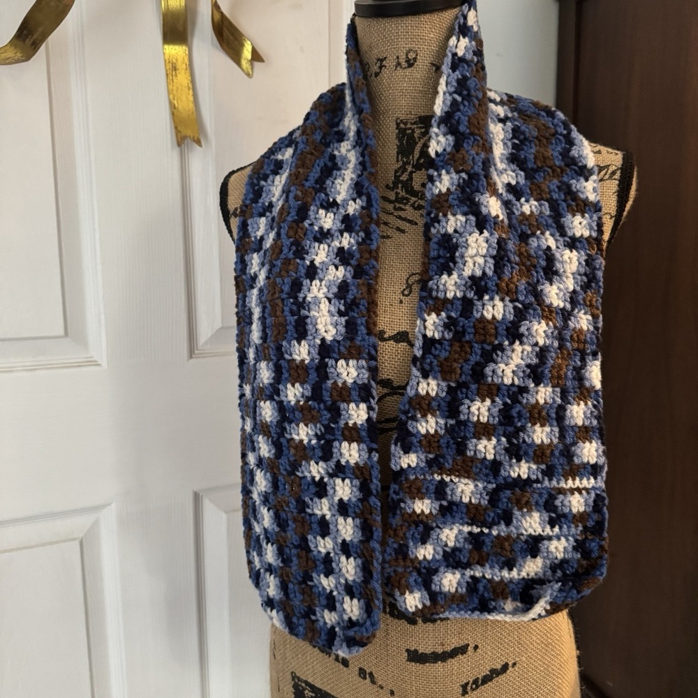 Multicolor Scarf Knit Crochet Blue Brown White Boho Lagenlook